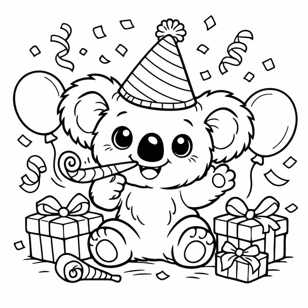 Koala auf Party Ausmalbild