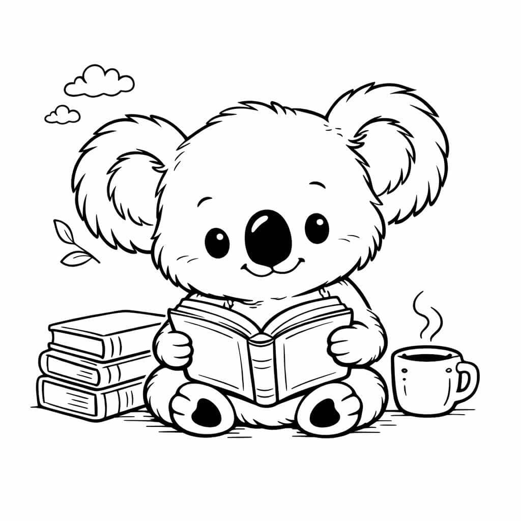 Koala liest mit Kaffee Ausmalbild