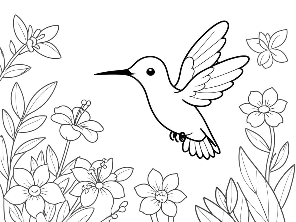 Kolibri im Blumengarten Ausmalbild