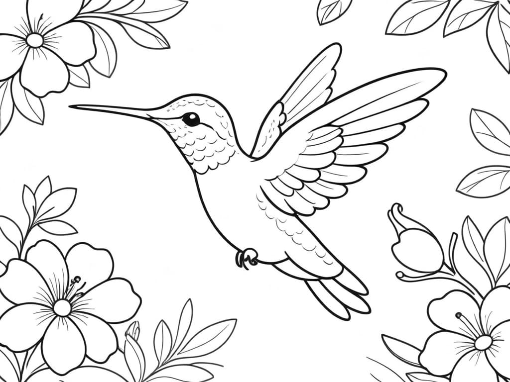 Kolibri zwischen Blumen Ausmalbild