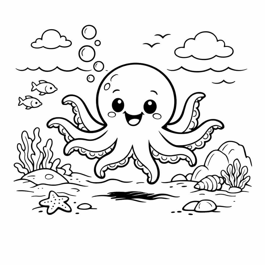 Fröhliche Krake schwimmt im Ozean Ausmalbild