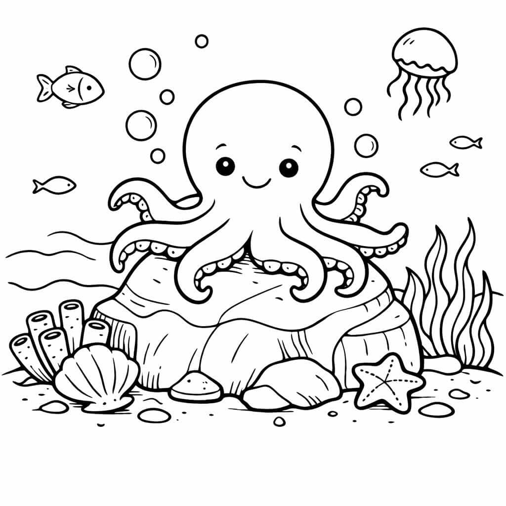 Krake auf einem Stein Ausmalbild