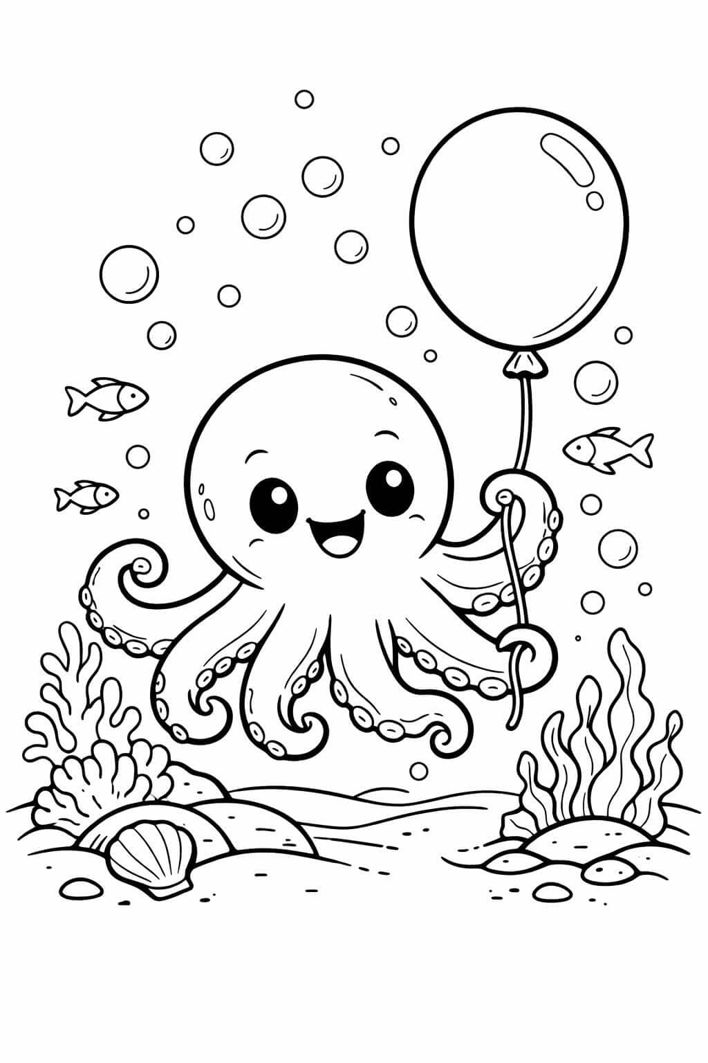 Krake hält einen Balloon Ausmalbild
