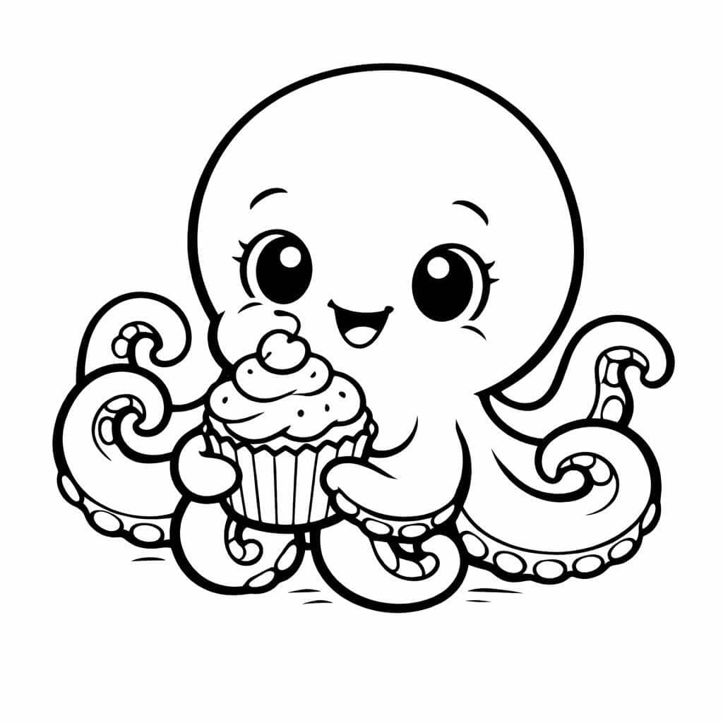 Krake hält einen Cupcake Ausmalbild