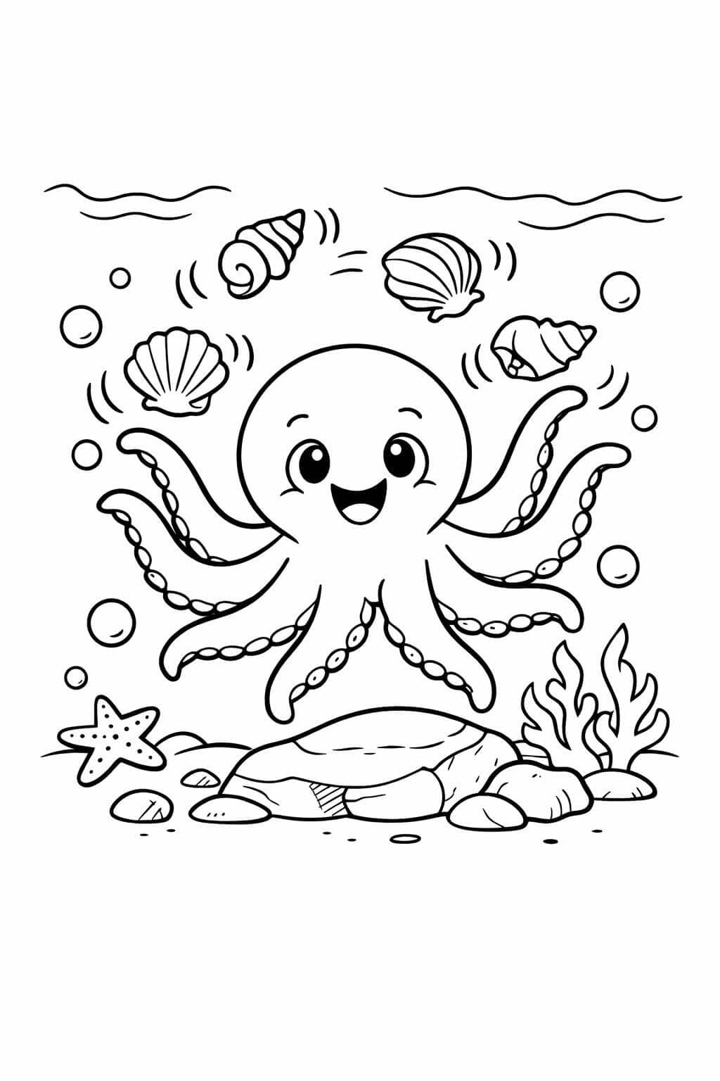 Krake jongliert mit Muscheln Ausmalbild