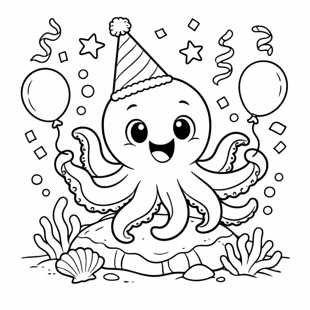Krake mit Partyhut Ausmalbild