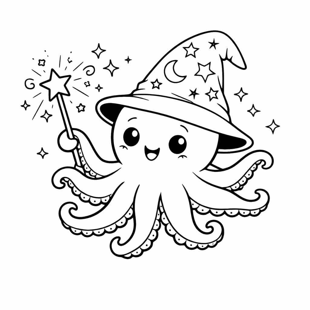 Krake mit Zauberstab Ausmalbild