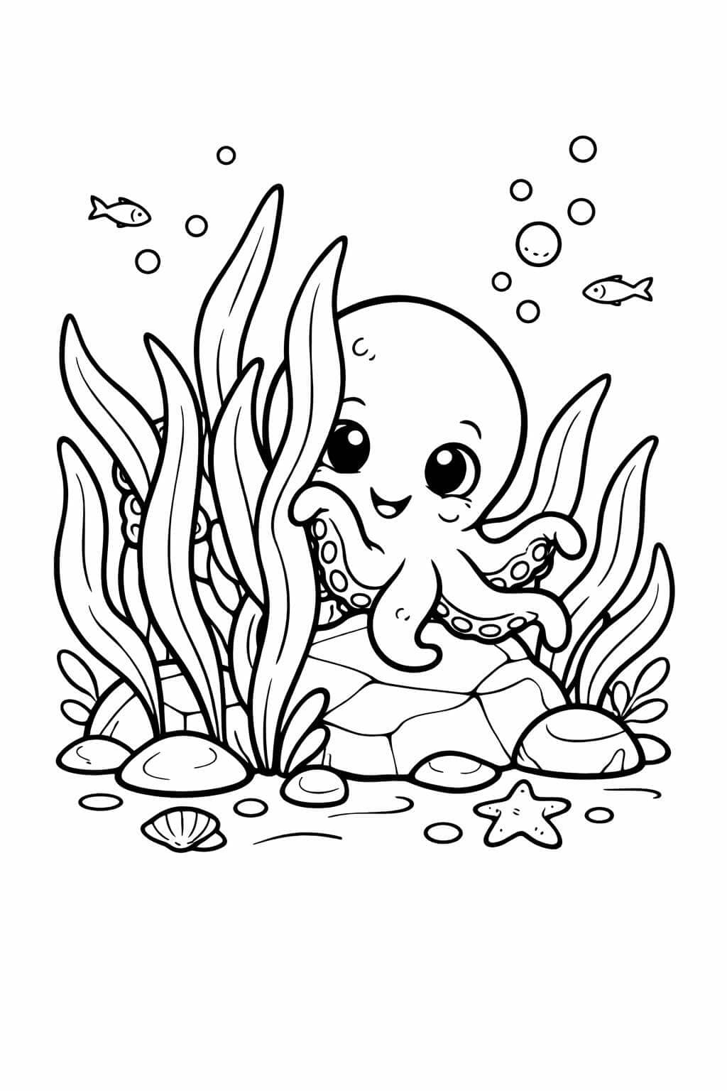 Krake versteckt sich in Algen Ausmalbild