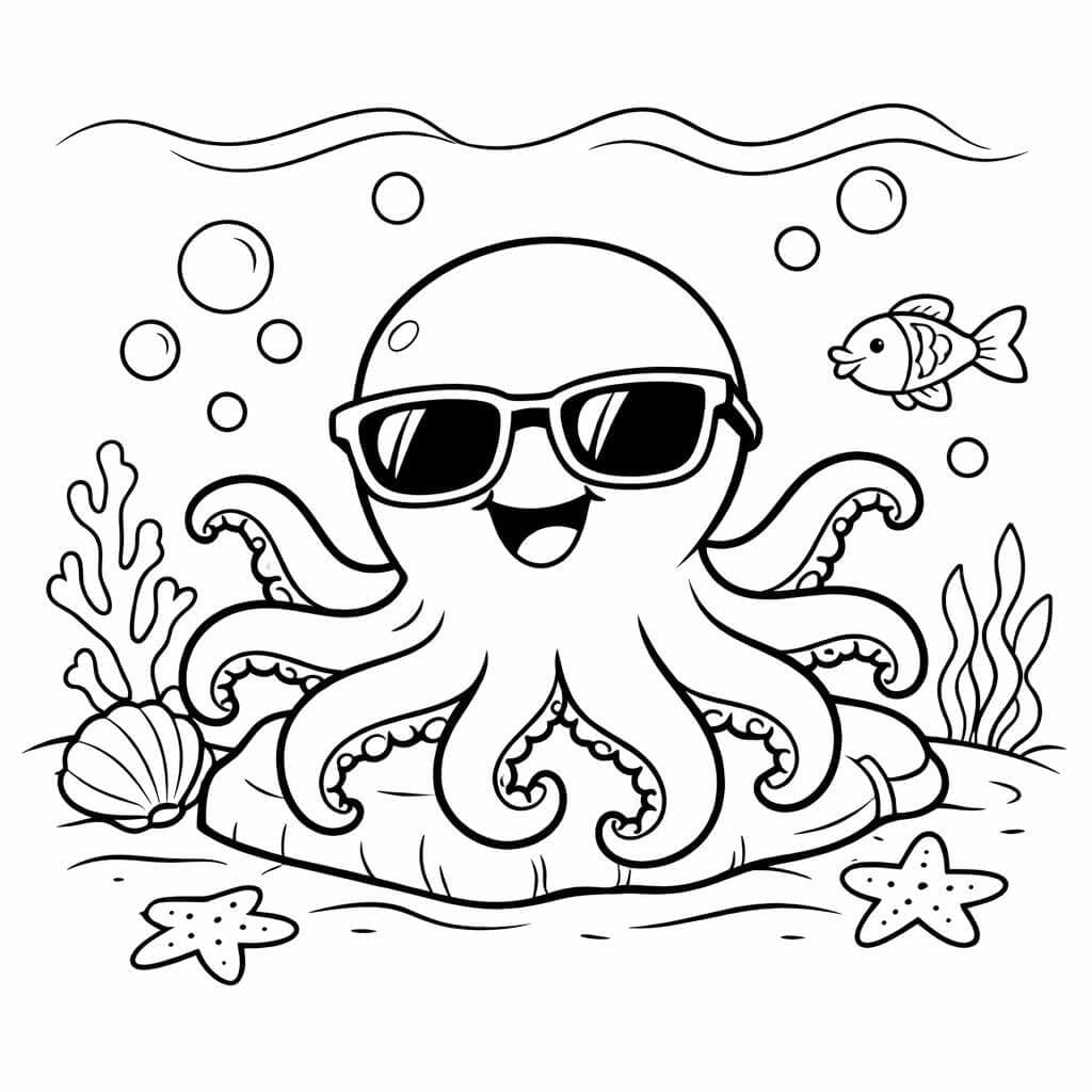 Lächelnde Krake mit Sonnenbrille Ausmalbild