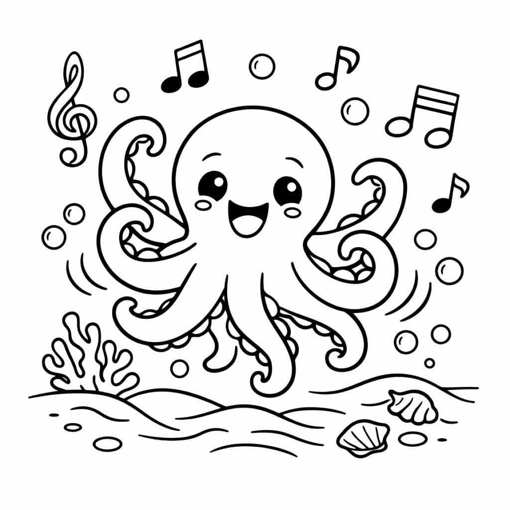 Tanzende Krake mit Musiknoten Ausmalbild