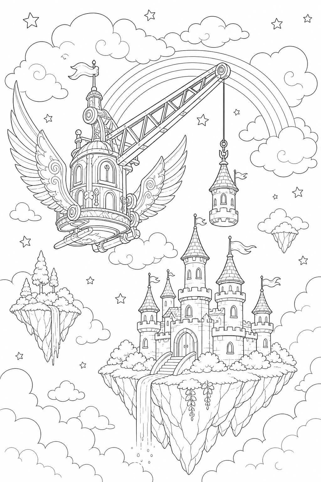 Fliegender Kran baut ein Wolkenschloss Ausmalbild