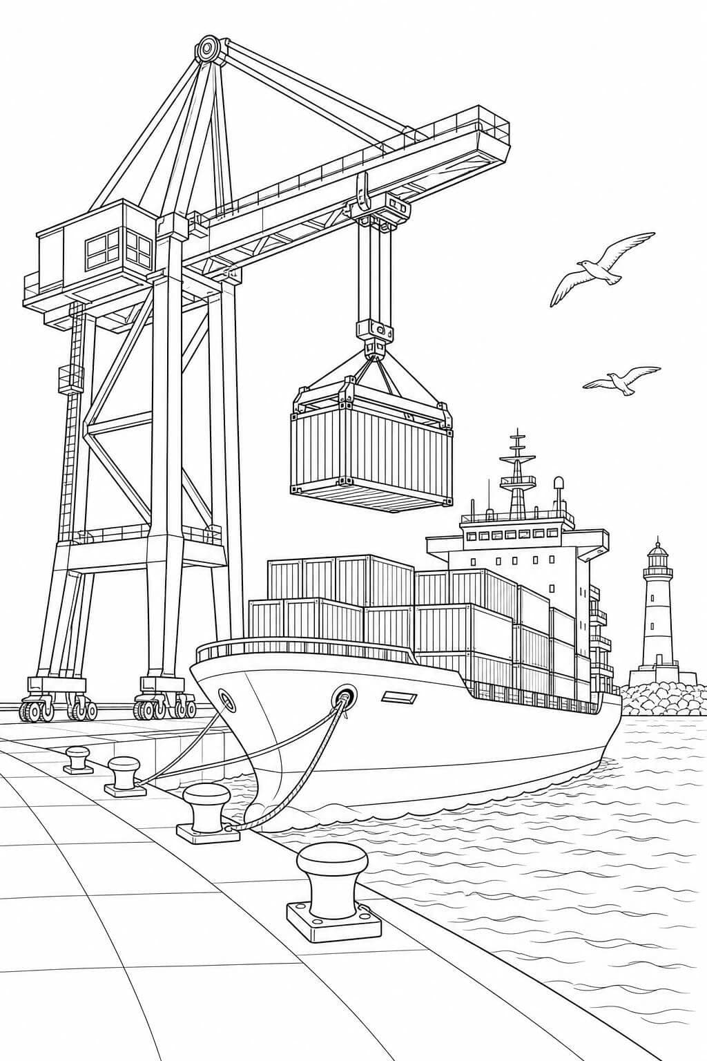 Hafenkran mit Containerschiff Ausmalbild