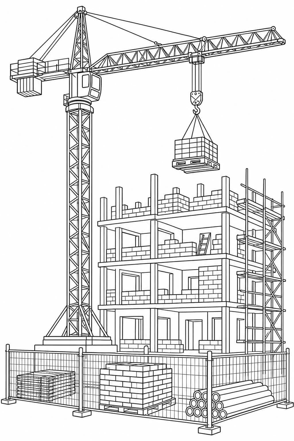 Turmkran baut ein Wohnhaus Ausmalbild