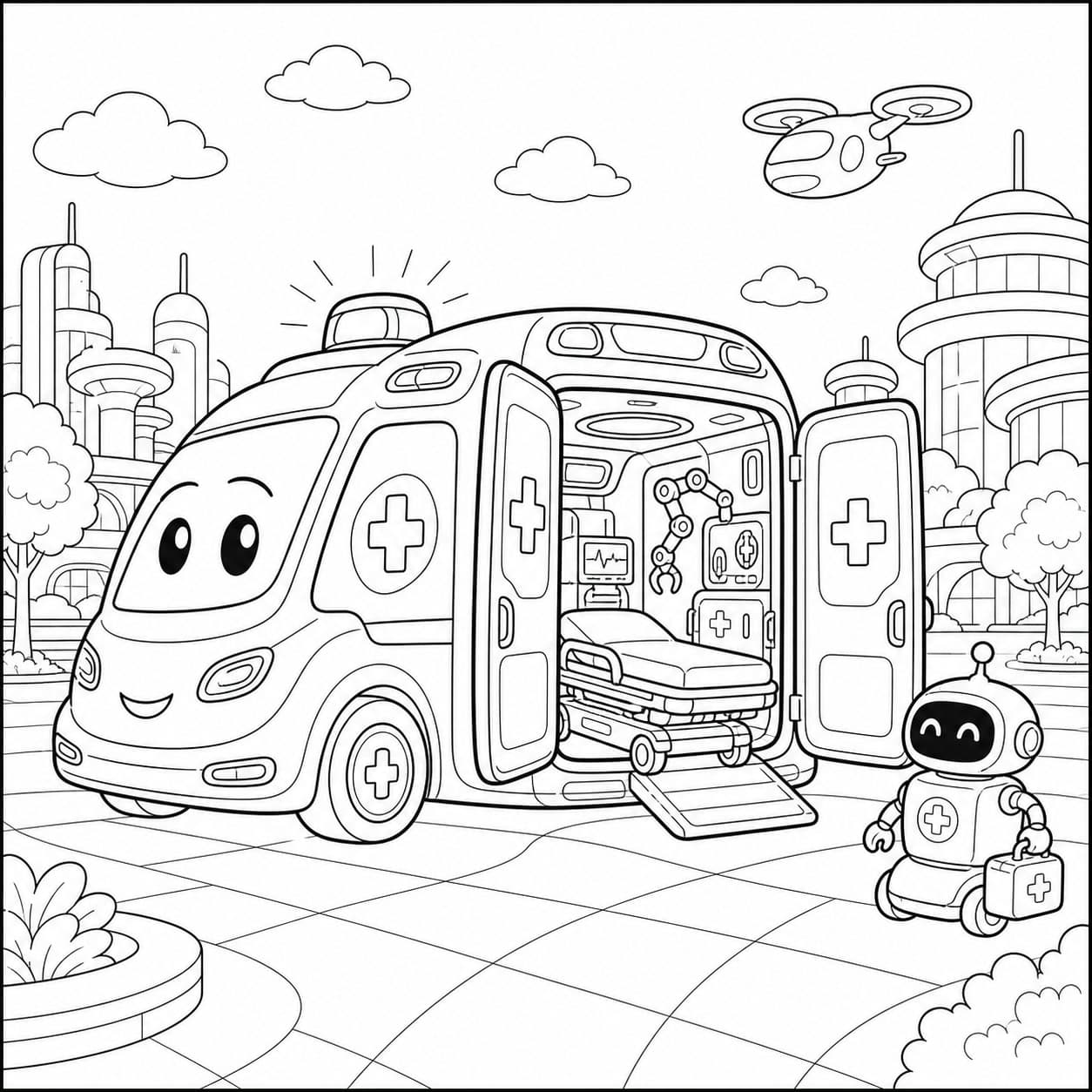 Futuristischer Krankenwagen Ausmalbild