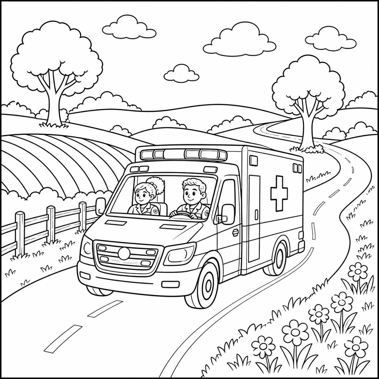 Krankenwagen auf der Landstraße Ausmalbild