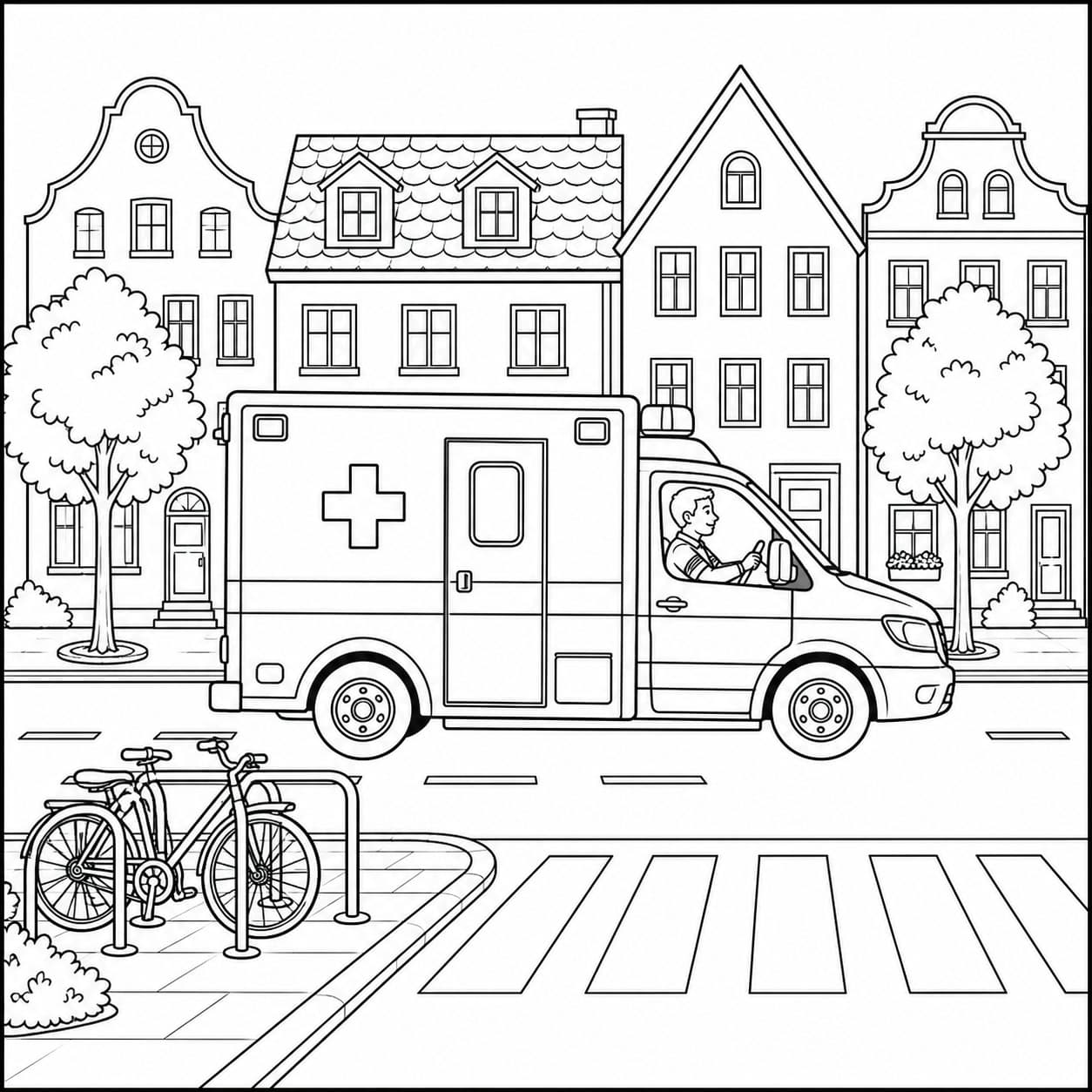 Krankenwagen in der Stadt Ausmalbild