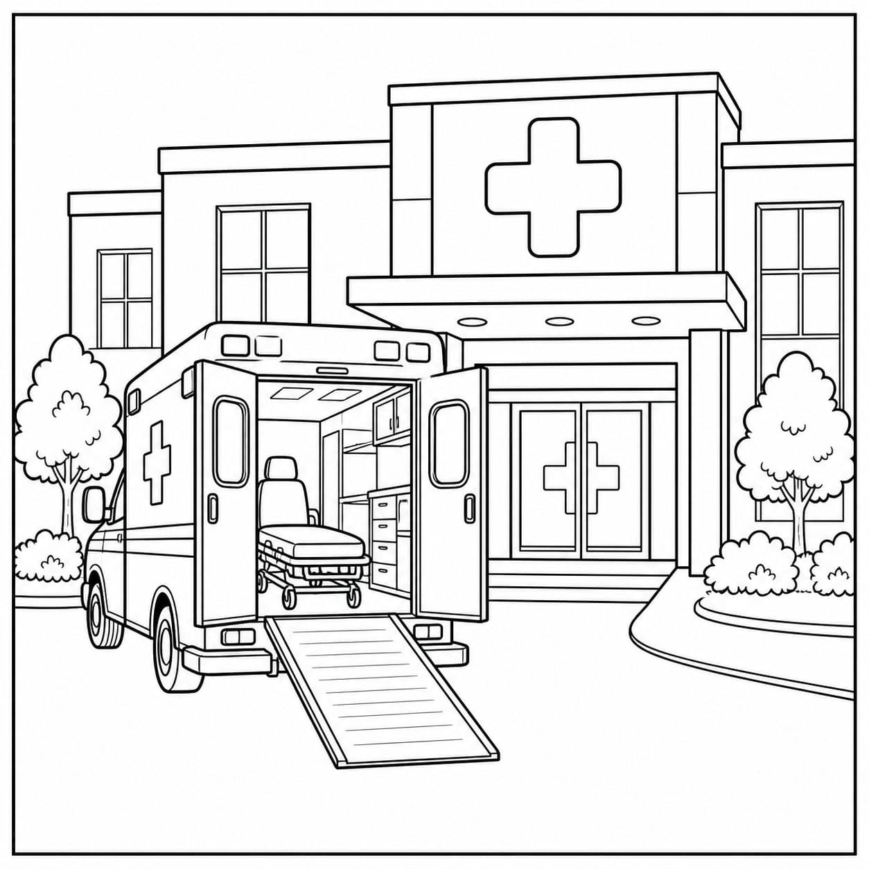 Krankenwagen vor dem Krankenhaus Ausmalbild
