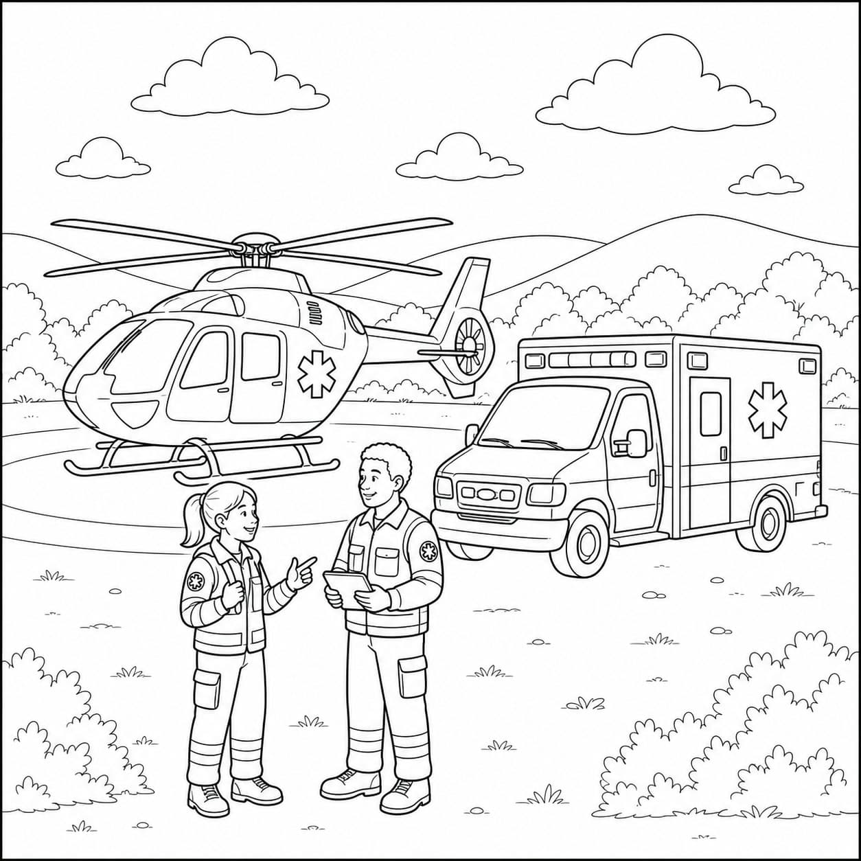 Rettungshubschrauber und Krankenwagen Ausmalbild