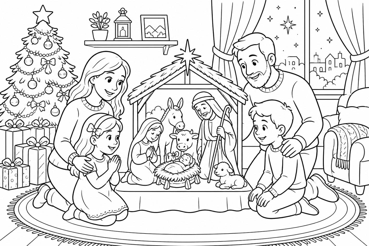 Familie vor der Krippe Ausmalbild