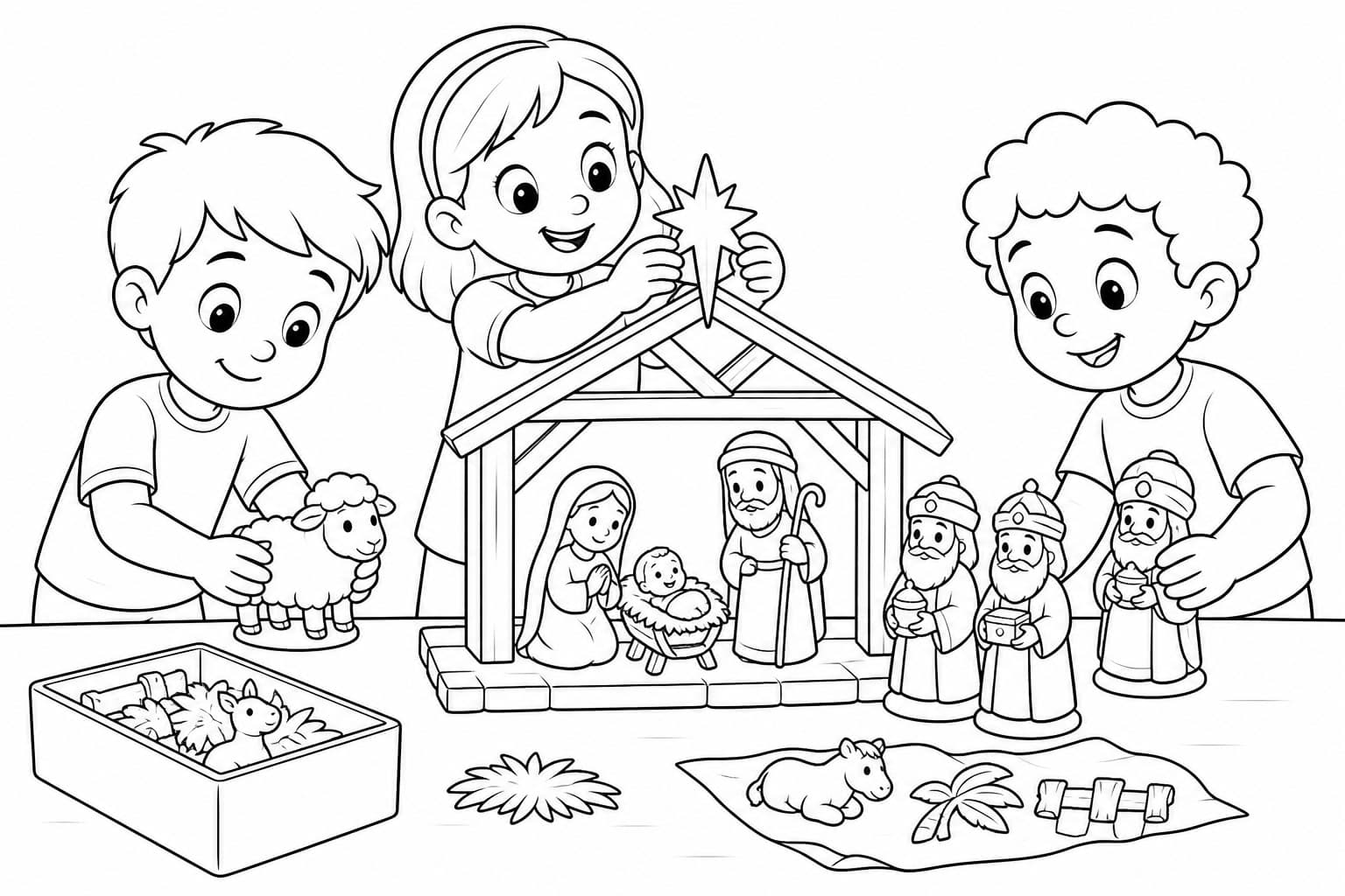 Kinder bauen eine Krippe Ausmalbild