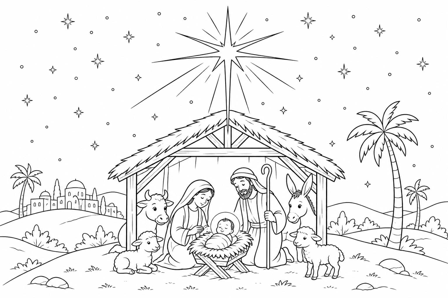 Krippe mit Stern von Bethlehem Ausmalbild