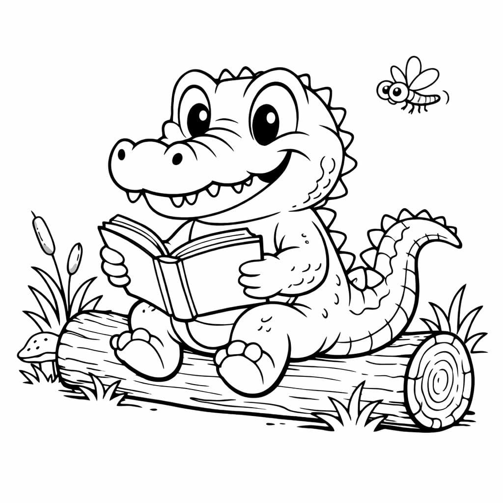 Krokodil liest ein Buch Ausmalbild
