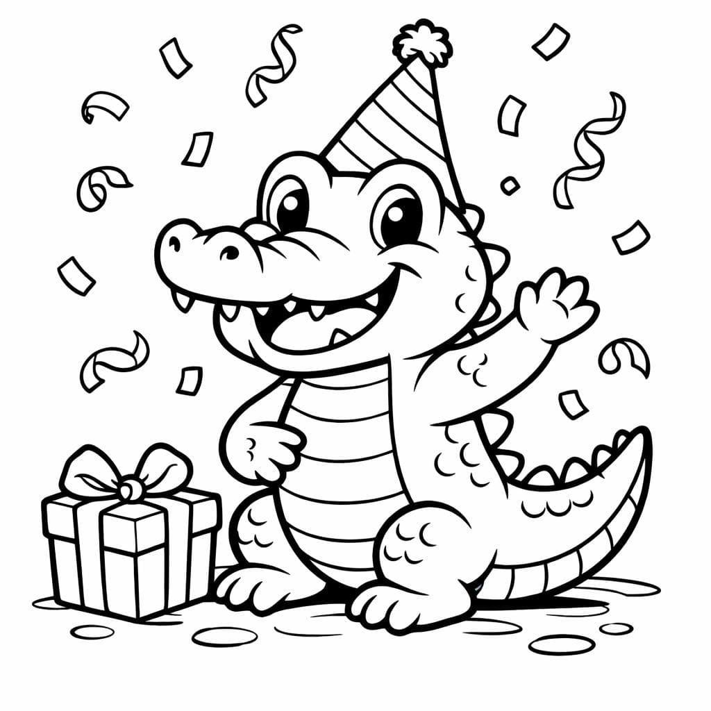 Krokodil mit Partyhut Ausmalbild