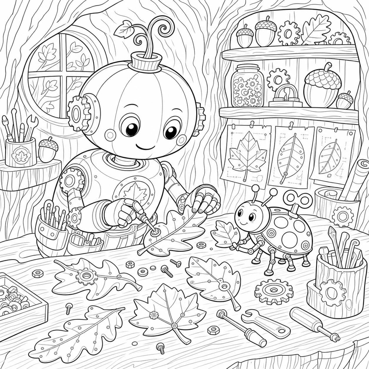 Kürbis Roboter in der Herbstwerkstatt Ausmalbild