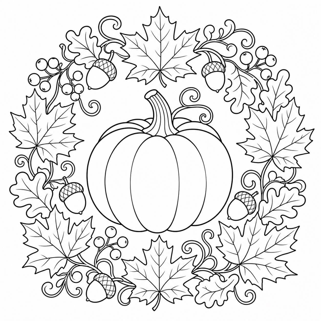 Kürbis und Herbstblätter Ausmalbild
