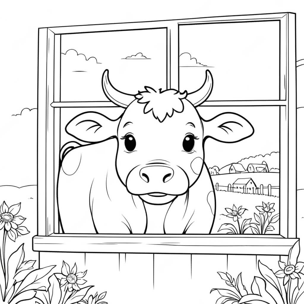 Kuh am Fenster Ausmalbild