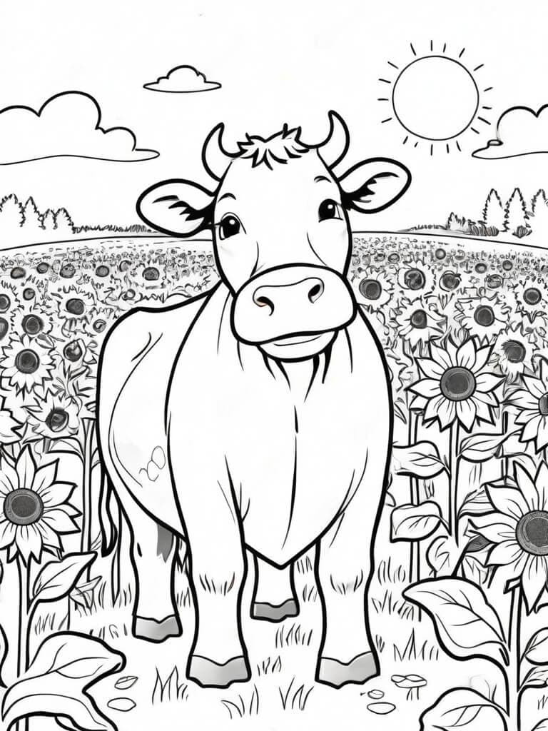 Kuh mit Sonnenblumen Ausmalbild