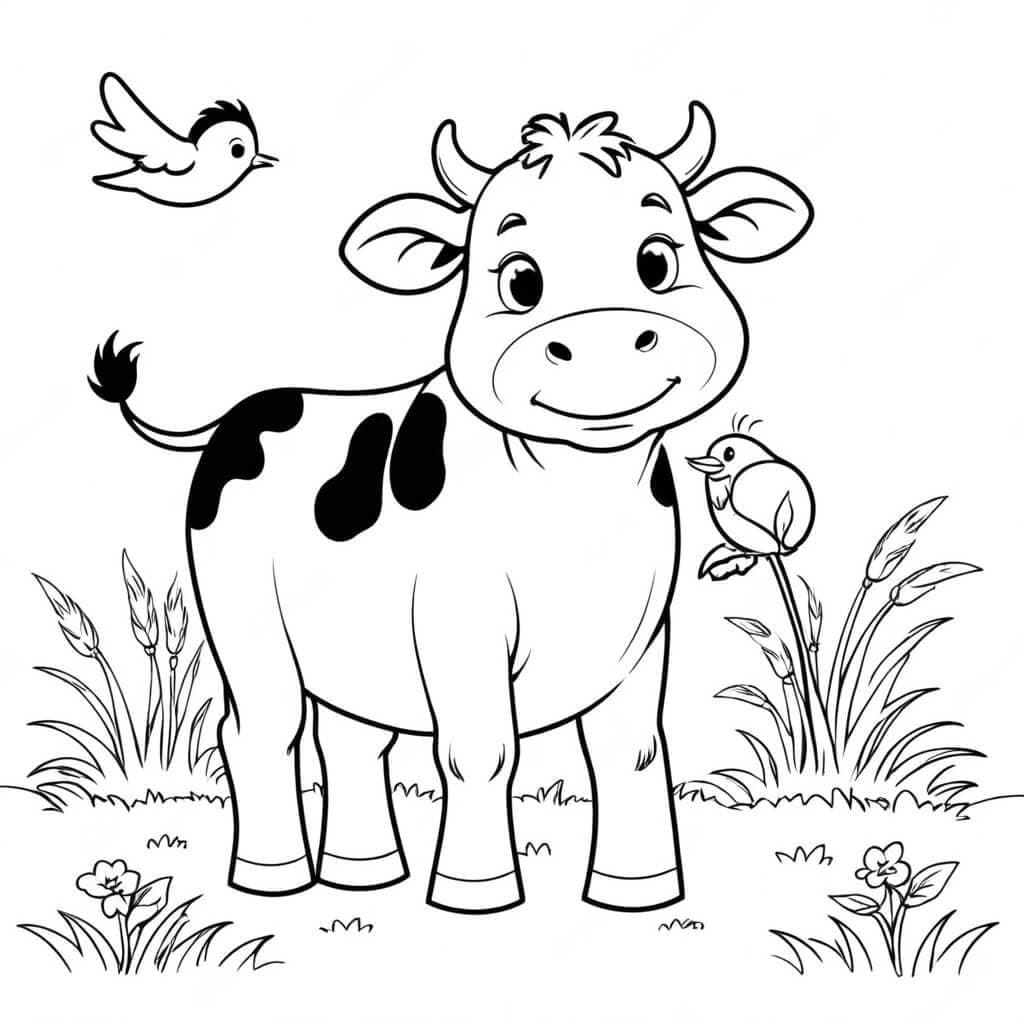 Kuh mit Vögeln Ausmalbild