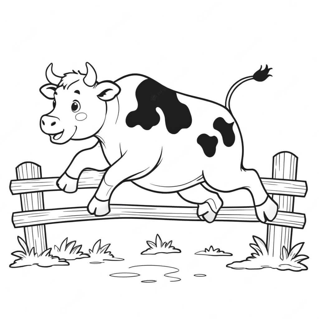 Kuh springt über den Zaun Ausmalbild