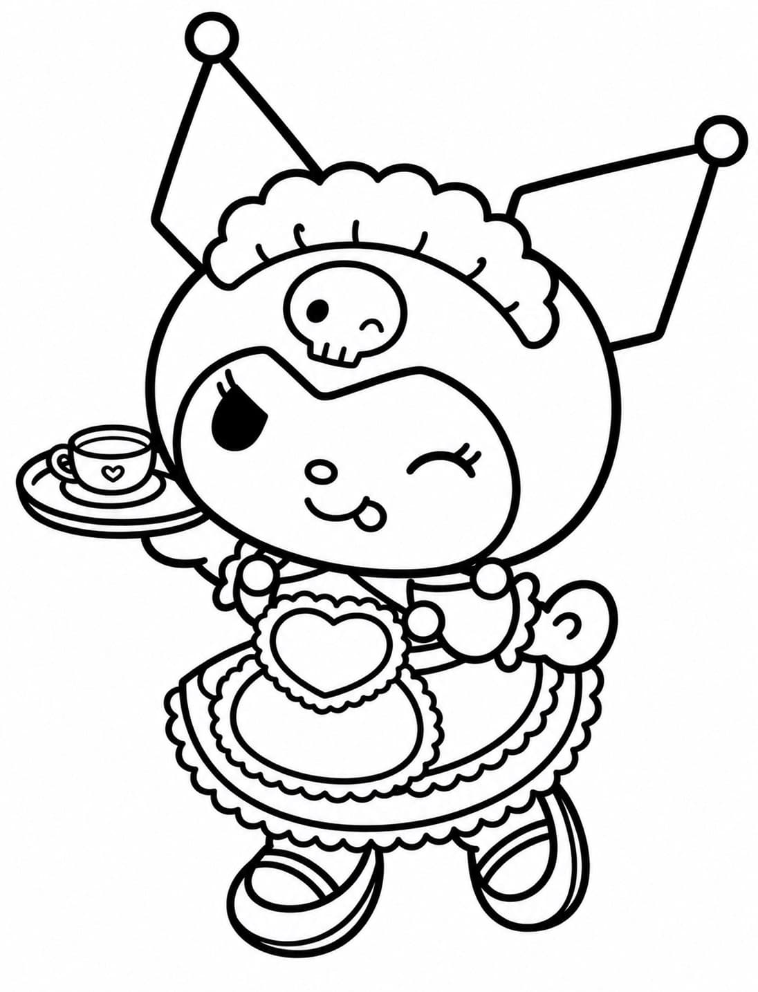 Kuromi im Hausmädchenkostüm mit Rüschenschürze und Tablett