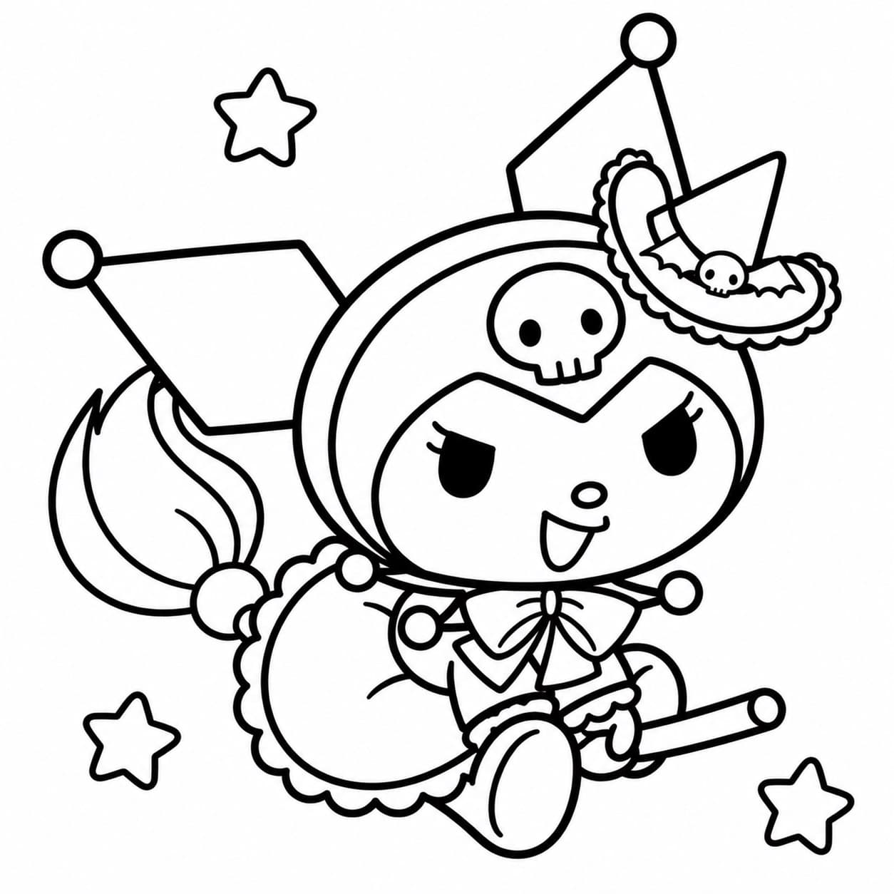 Kuromi mit Hexenhut auf einem fliegenden Besen