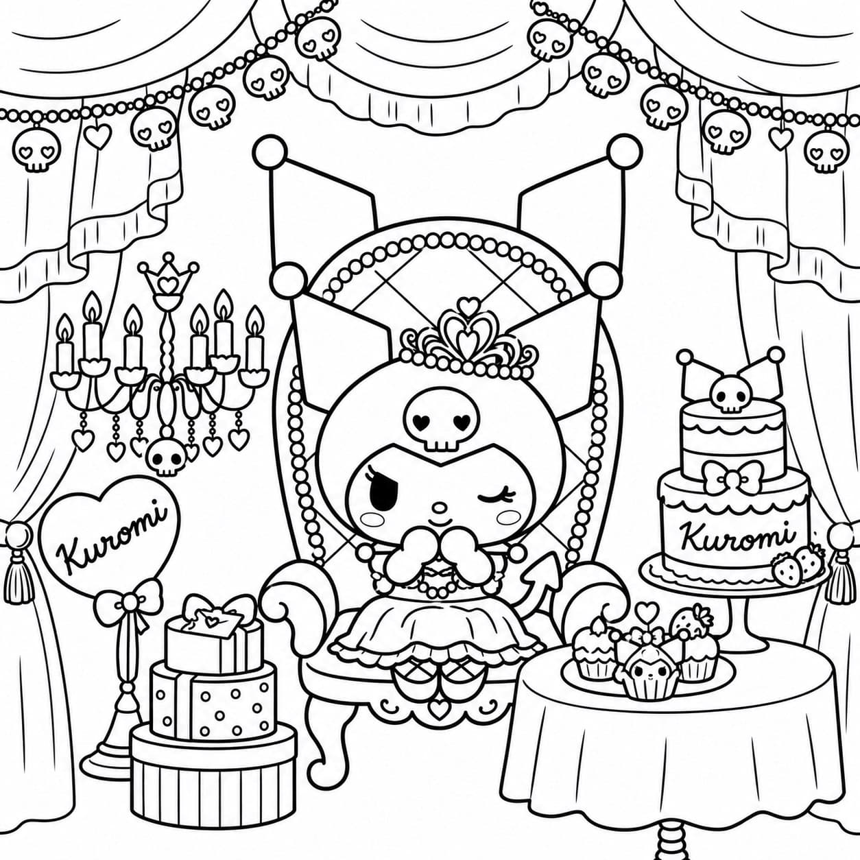 Kuromi als Prinzessin mit Krone auf einem Thron neben Geschenken und Torte