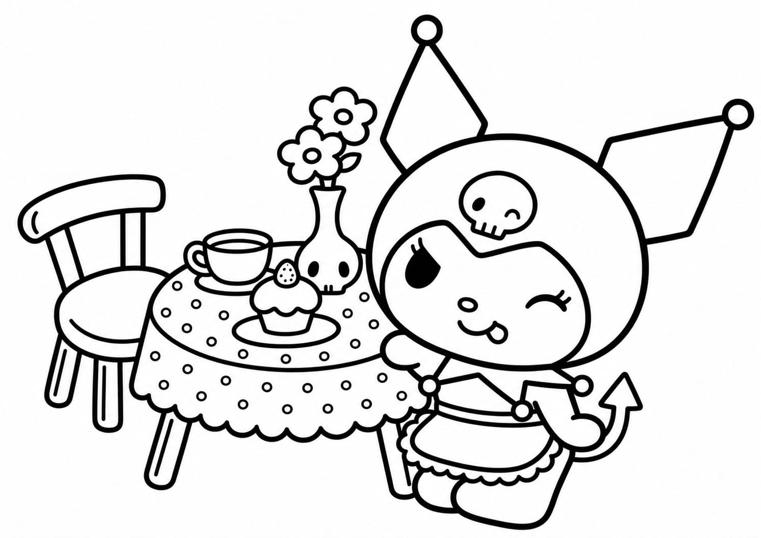 Kuromi neben einem kleinen Tisch mit Tee und Blumen