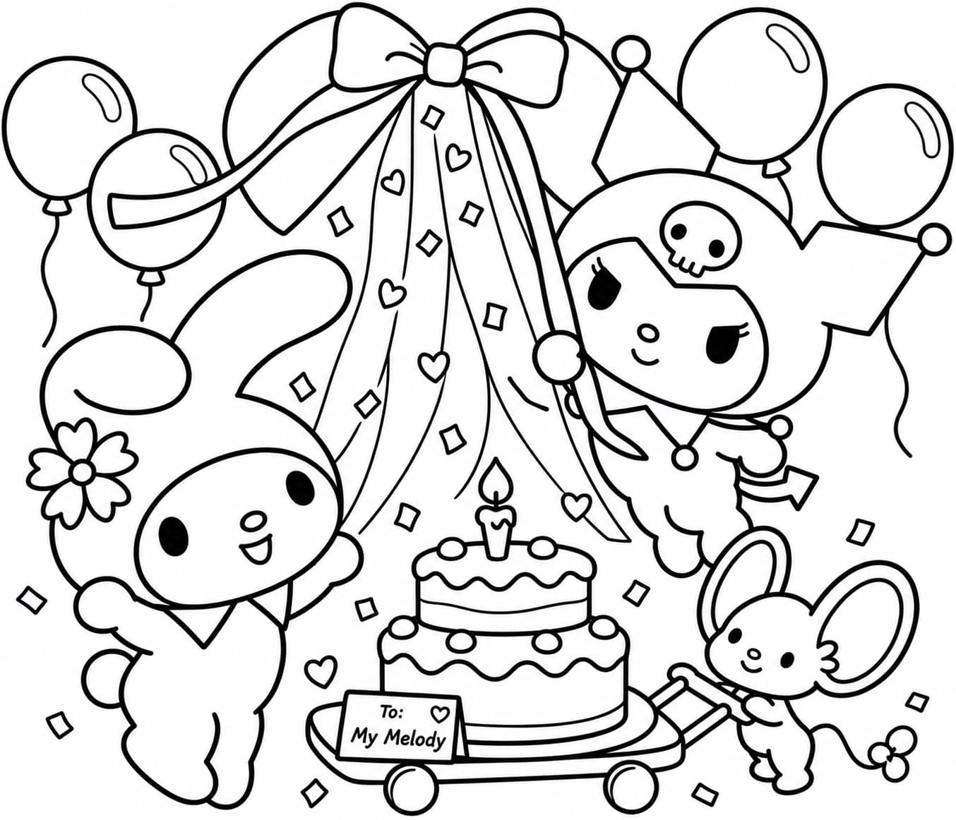 Kuromi und My Melody bei einer Geburtstagsfeier mit Torte und Luftballons