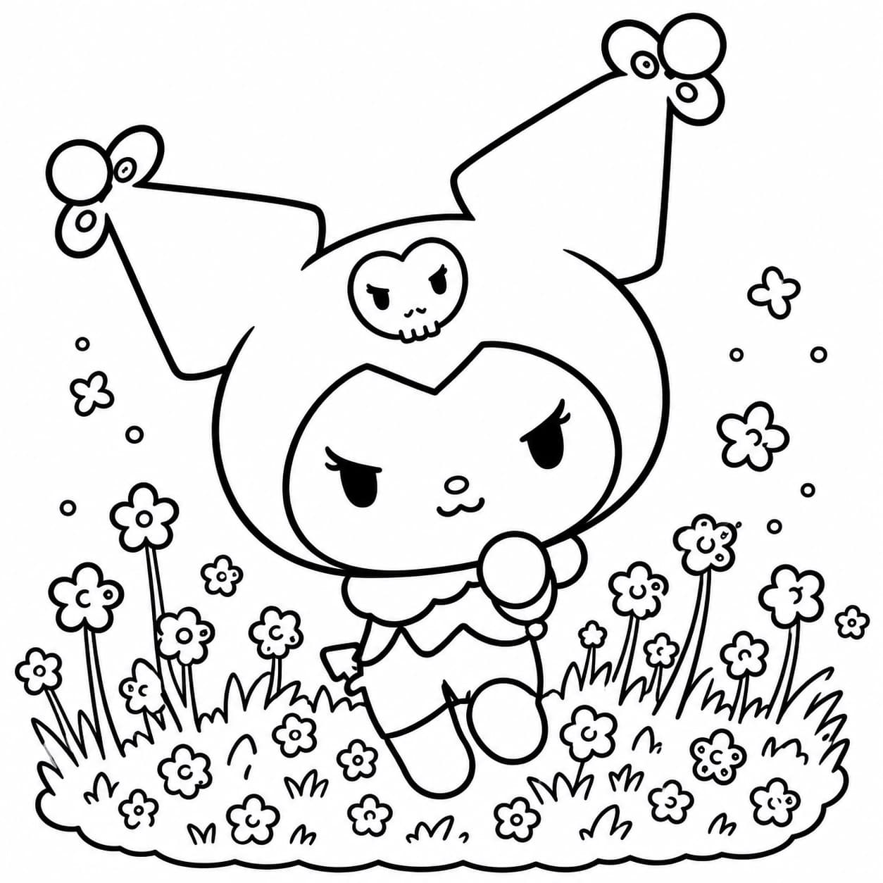 Kuromi tanzt zwischen Blumen in einem Garten