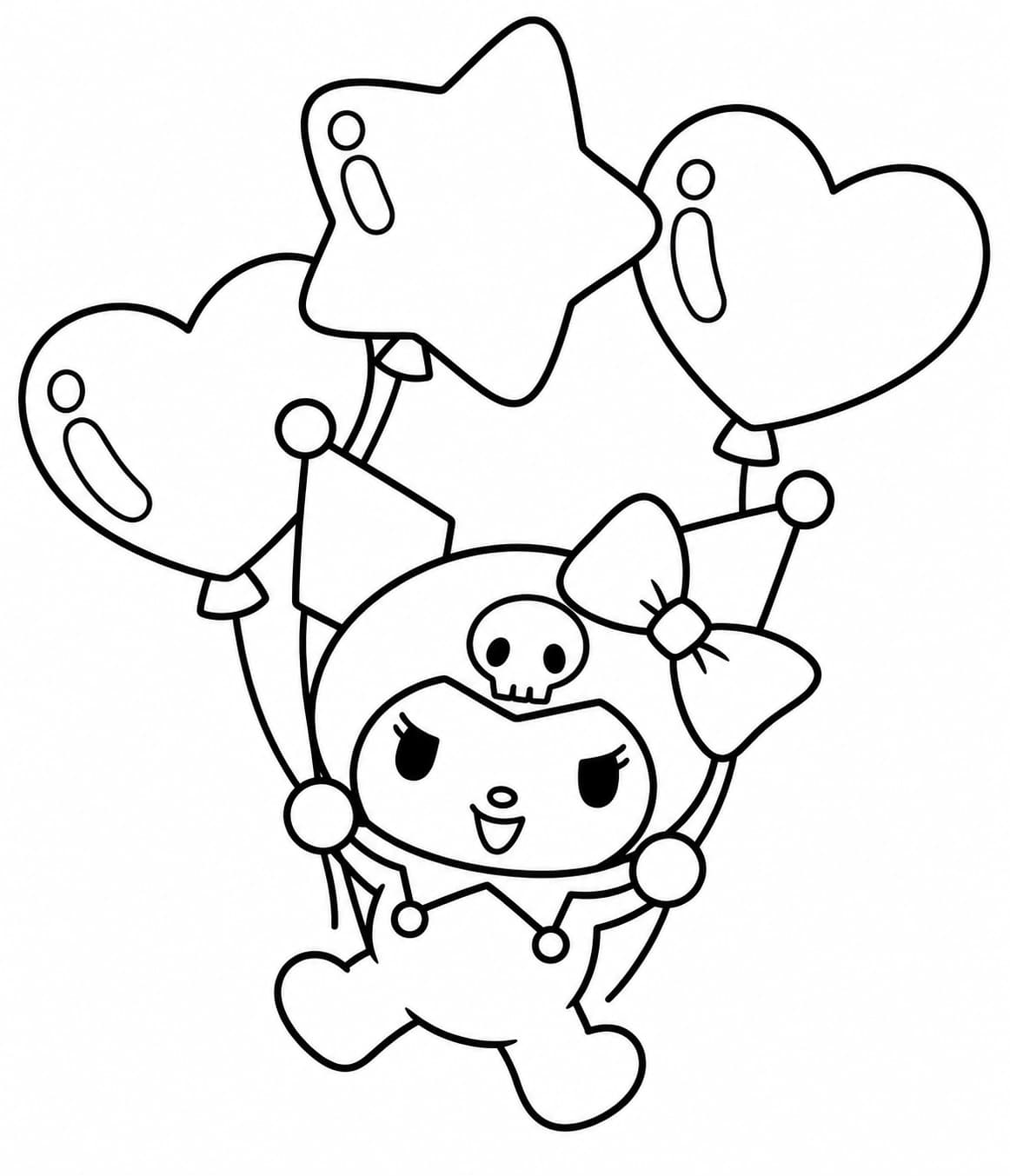 Kuromi mit mehreren Luftballons in unterschiedlichen Formen