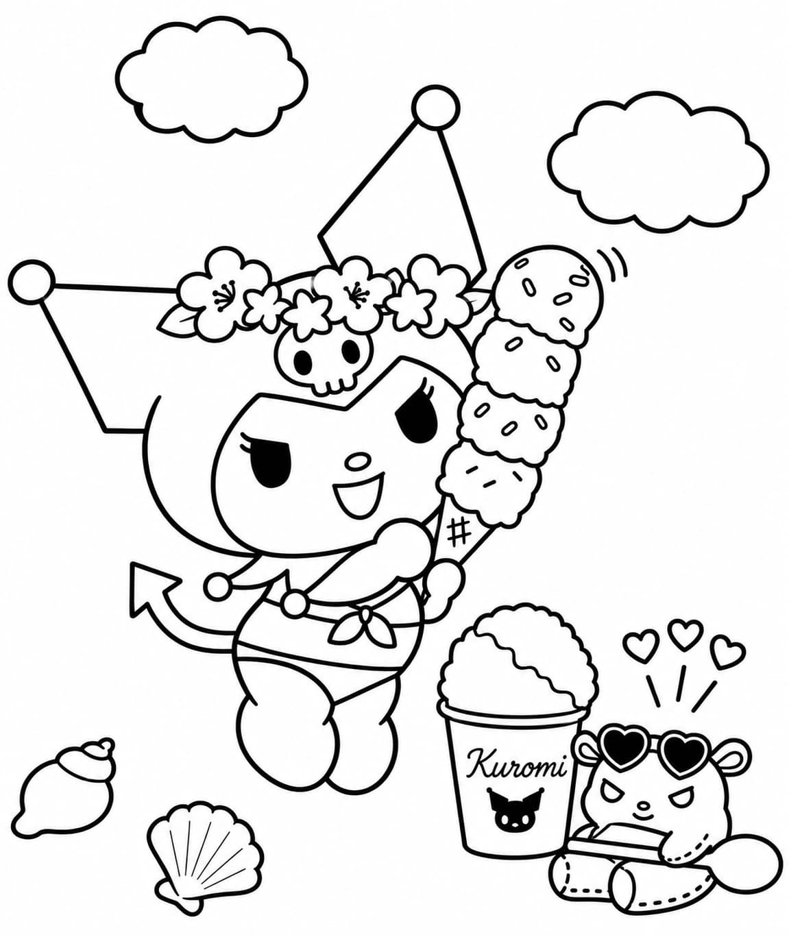 Kuromi trägt einen Blumenkranz und hält ein großes Eis