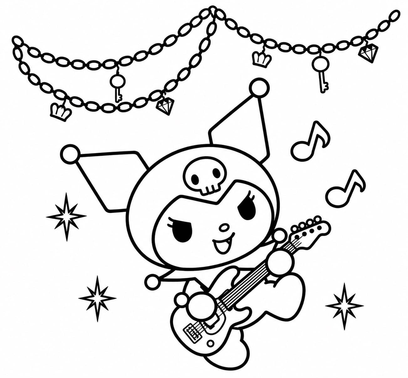 Kuromi spielt Gitarre unter einer Perlengirlande
