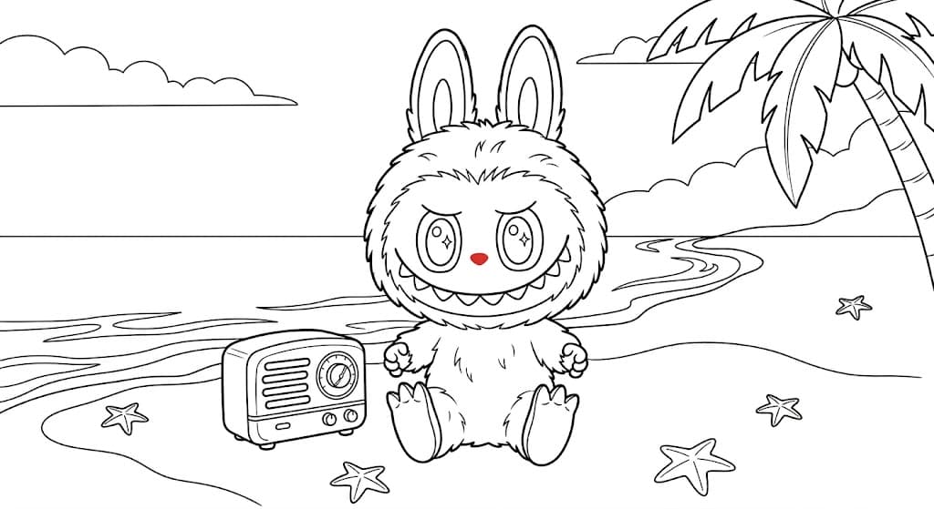 Labubu am Strand Ausmalbild