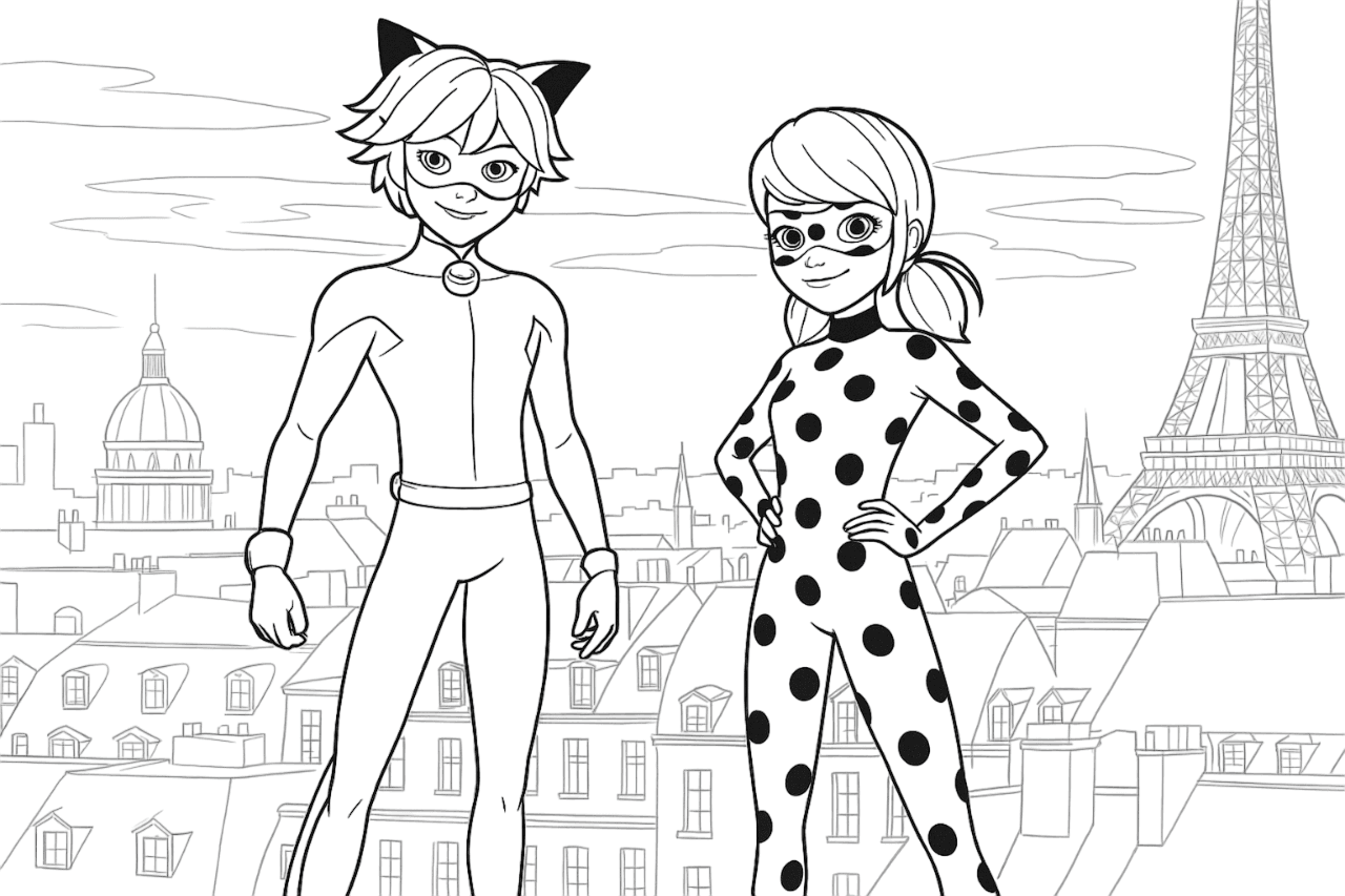 Ladybug und Cat Noir in Paris Ausmalbild