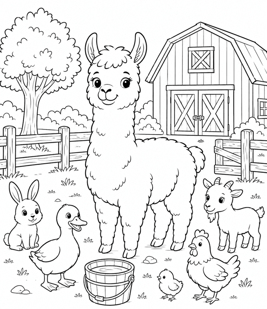 Lama auf dem Bauernhof Ausmalbild