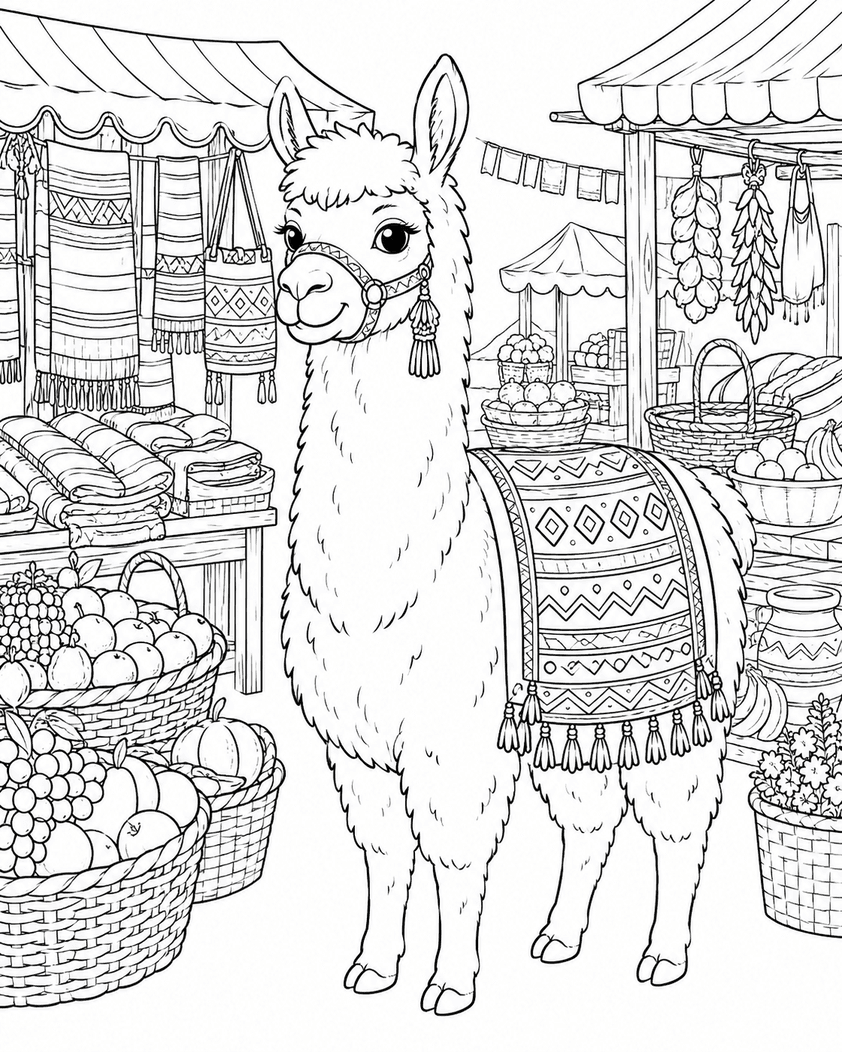 Lama auf dem Markt Ausmalbild