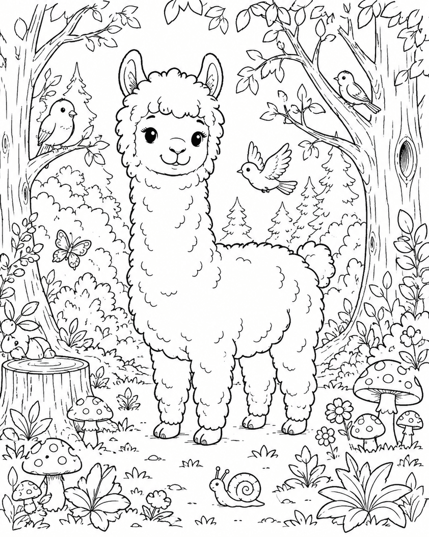 Lama im Wald Ausmalbild