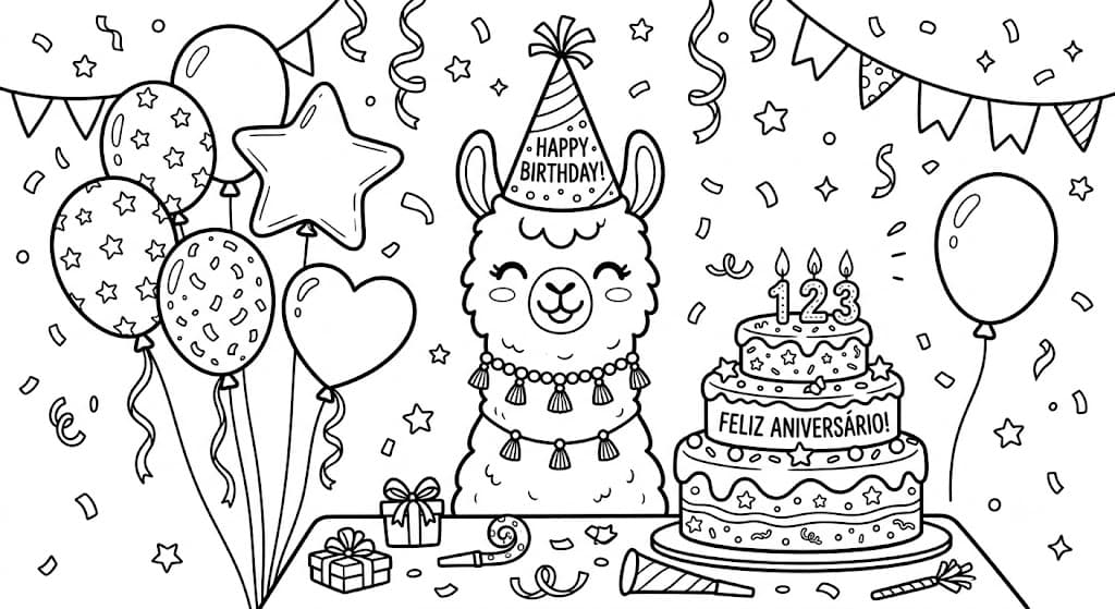 Lama zum Geburtstag Ausmalbild