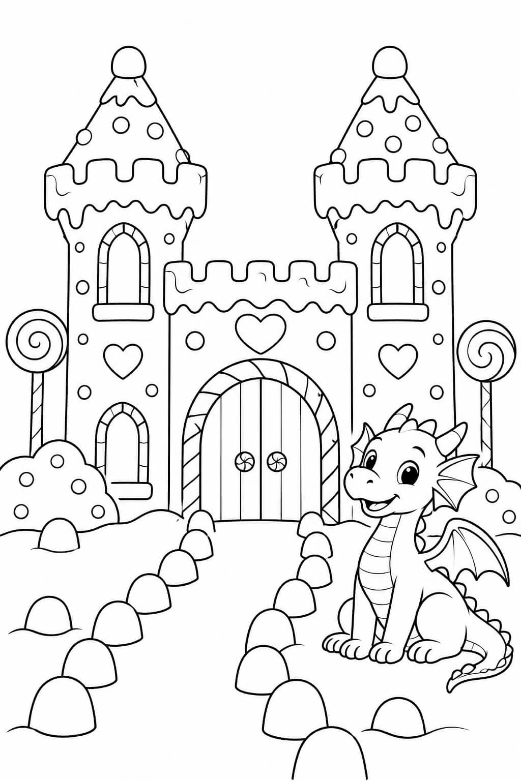 Lebkuchenschloss mit freundlichem Drachen – Lebkuchen Ausmalbild