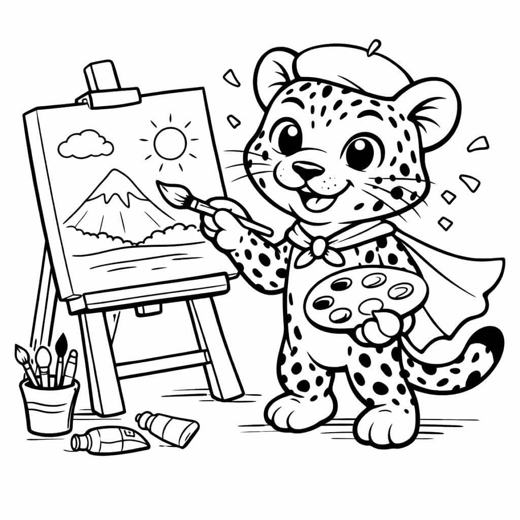 Leopard als Künstler Ausmalbild